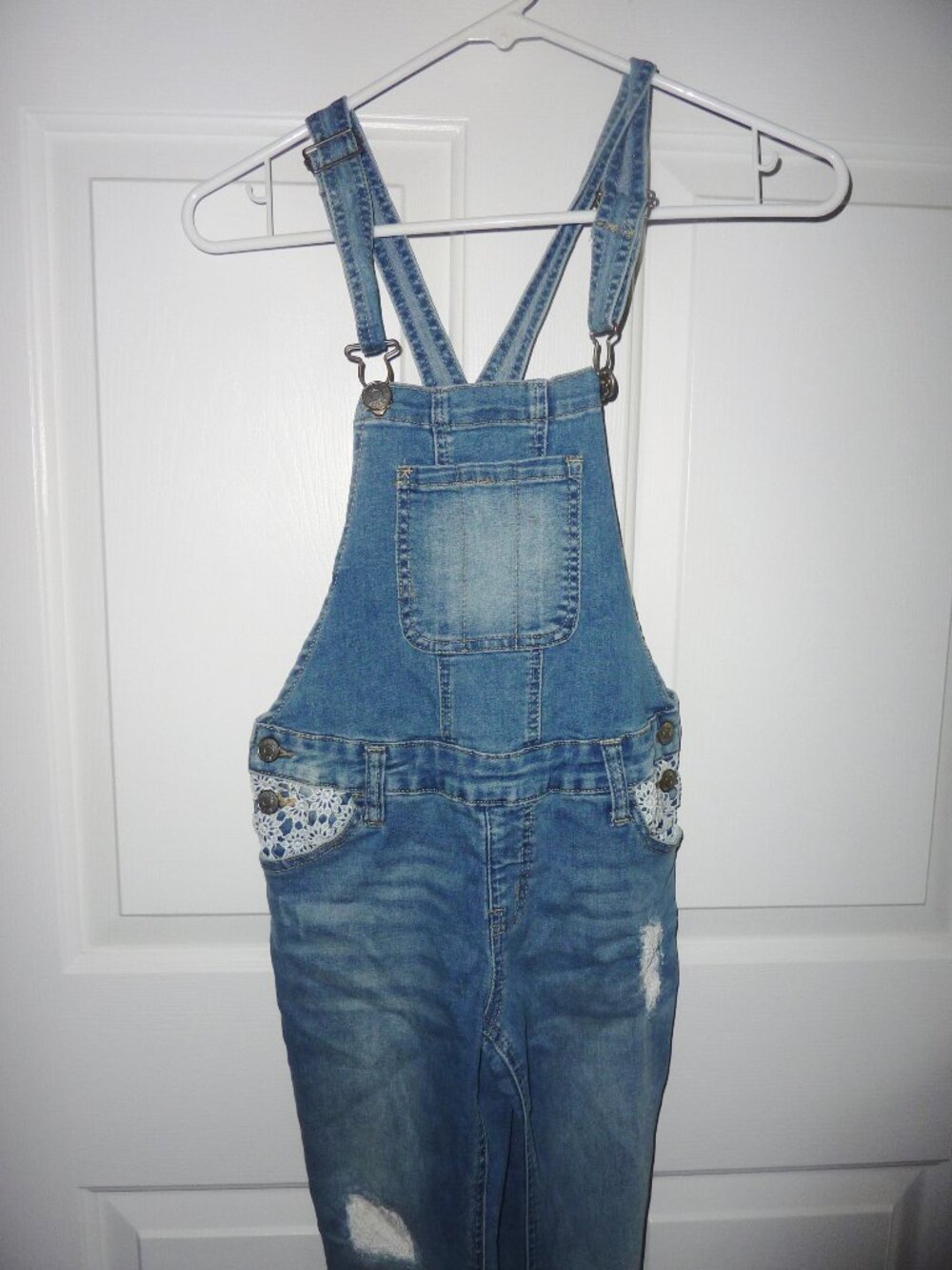 Girl's JUSTICE Denim Overalls Light Distressed Look and White Lace Accents 12